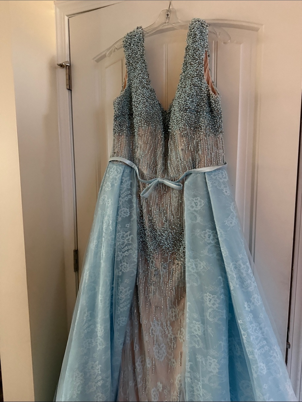 Beaded Light Blue Lace Ball Gown